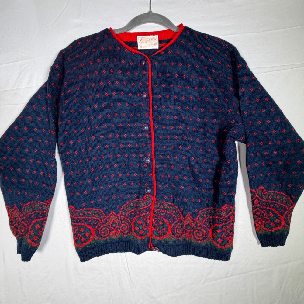 Pendleton Wool Cardigan Navy Red Paisley Pattern Button Front Women's M